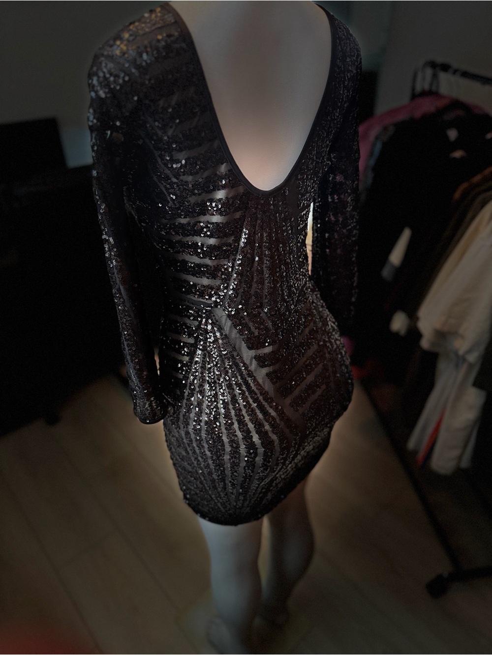 Black Sequin Sheer-Panel Long Sleeve Mini Dress - Picture 2 of 4